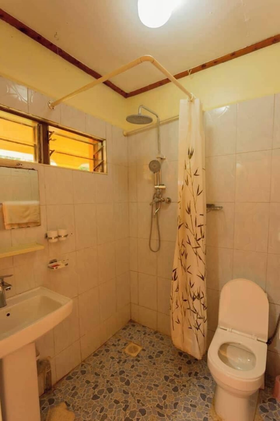 Shower, towels, soap, shampoo