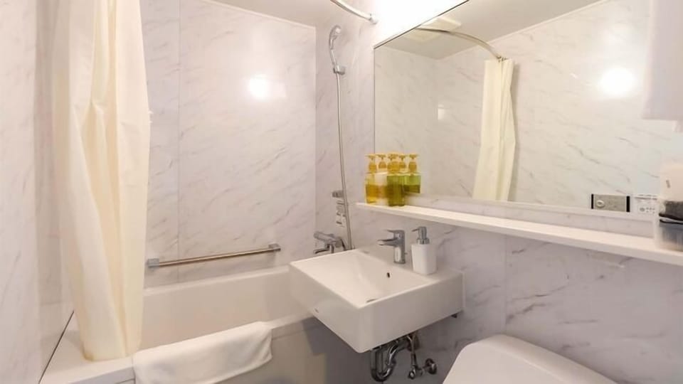 Combined shower/tub, hair dryer, slippers, bidet