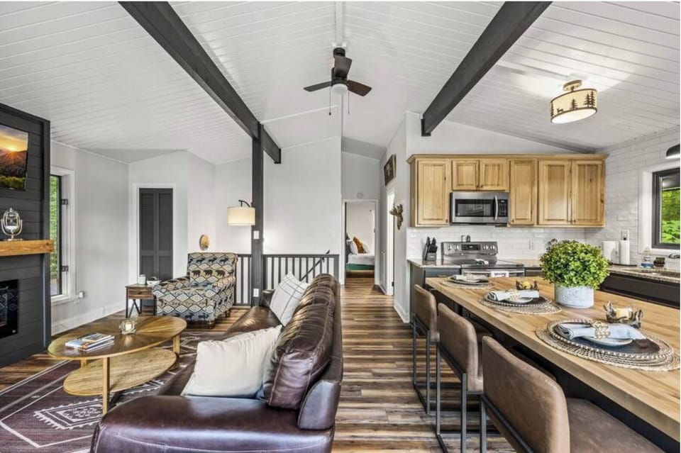 The kitchen and main living room are located on the 2nd floor of the cabin.