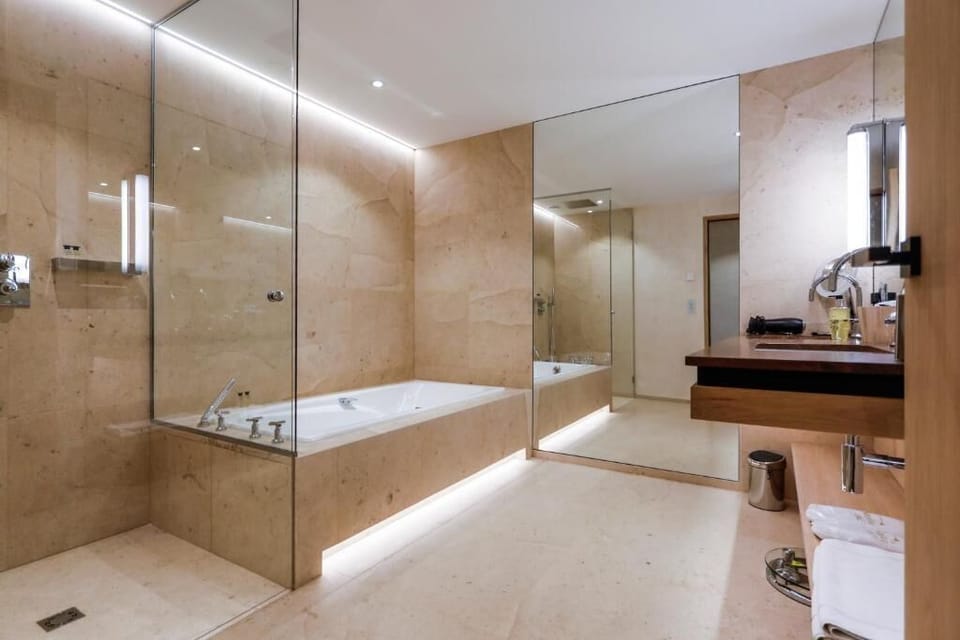 Separate tub and shower, hair dryer, bathrobes, slippers