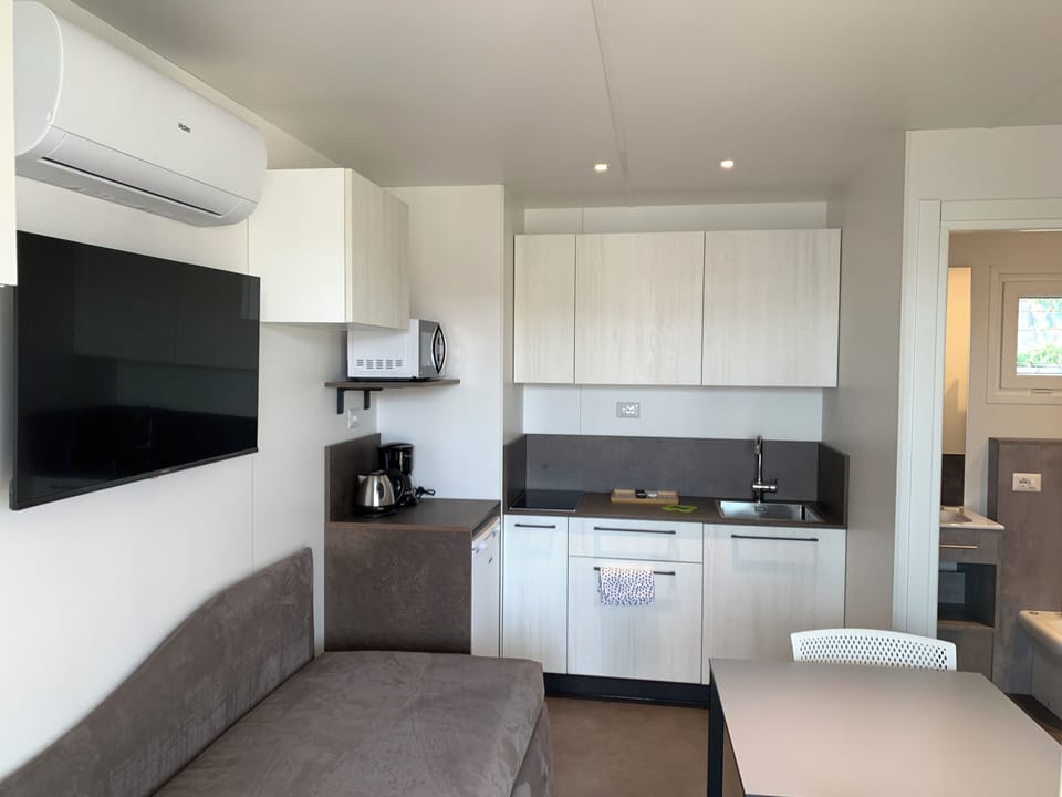 Junior Mobile Home, Patio | Private kitchen | Mini-fridge, microwave, stovetop, cookware/dishes/utensils