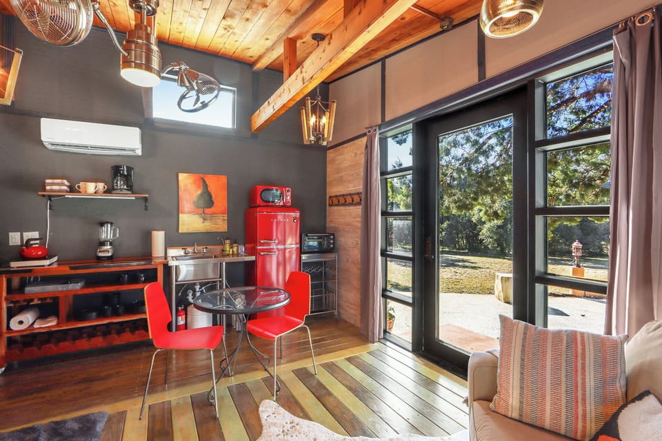The kitchenette is the right