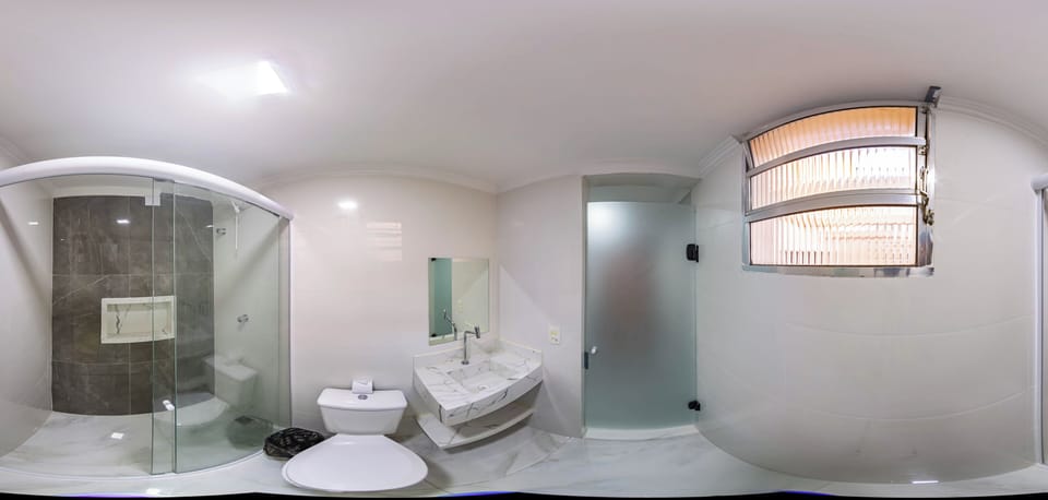 Shower, slippers, towels, soap