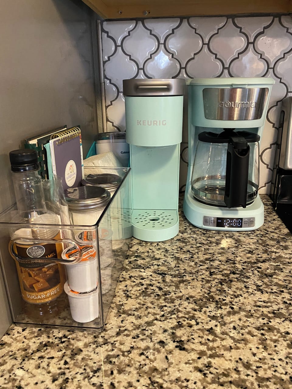 Coffee pot, Keurig and starter coffee, cream and sugar