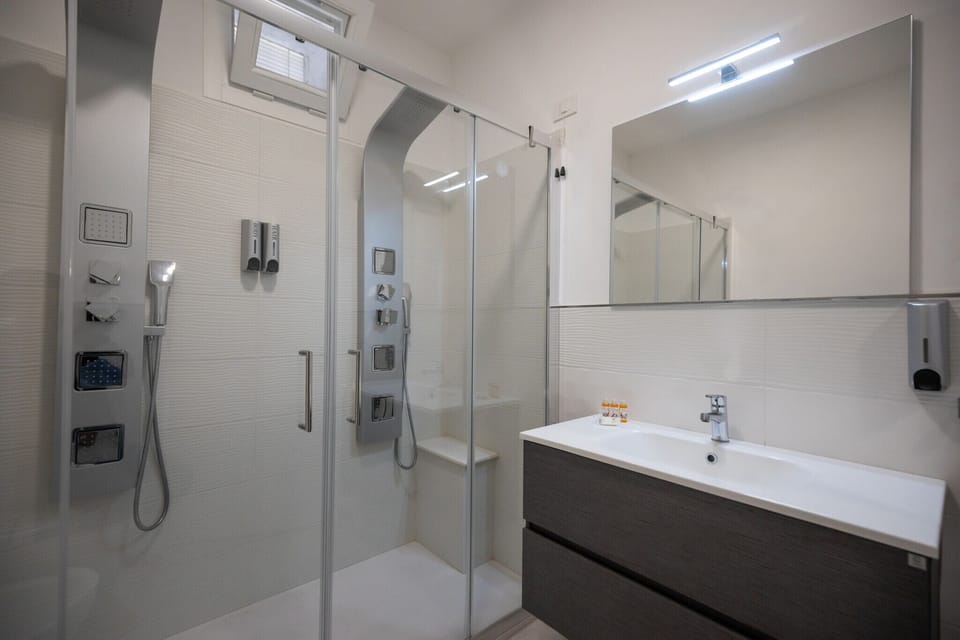 Shower, hair dryer, towels, toilet paper