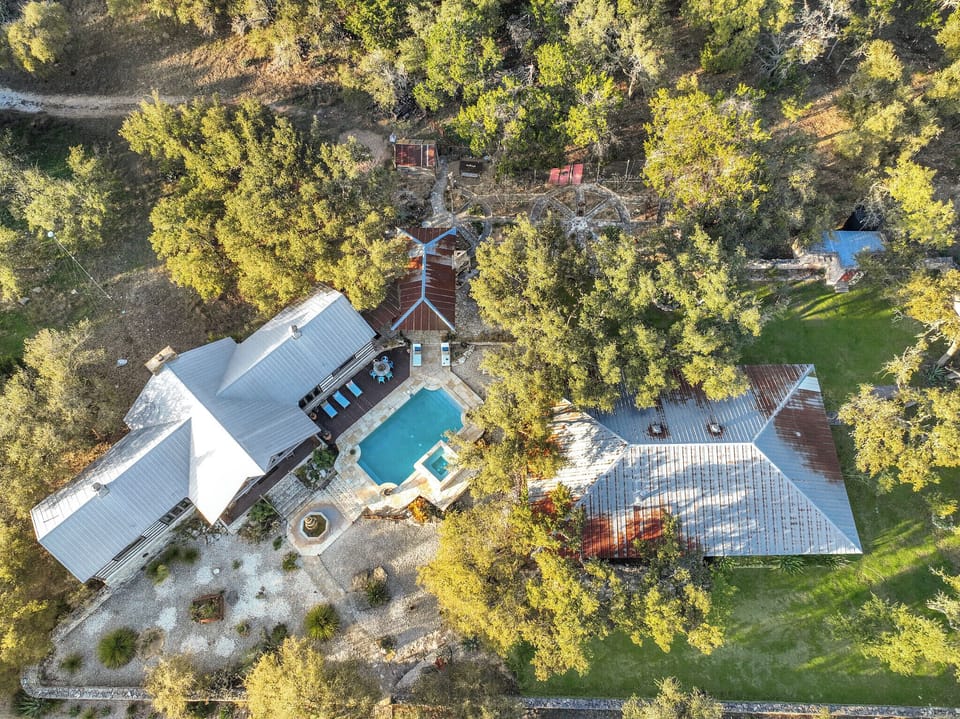 Aerial view of the properties and outdoor amenities