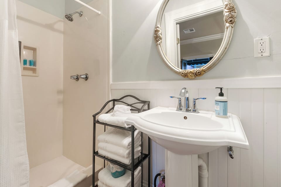 Bathroom with a walk-in shower and Nexxus toiletries.