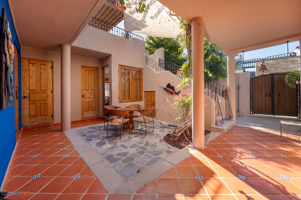 Downstairs patio with furniture.