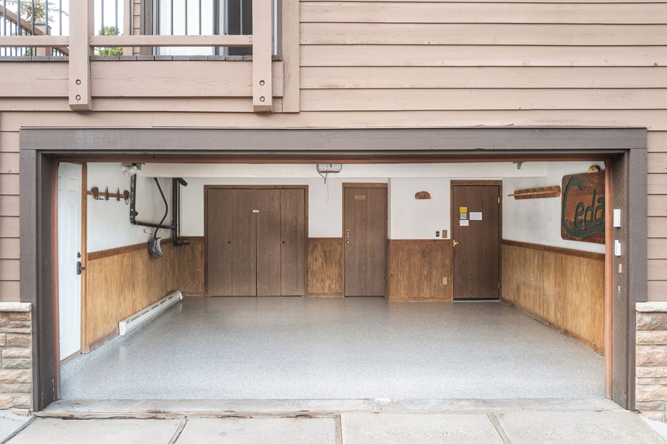 2-car garage with ski racks keeps gear dry
