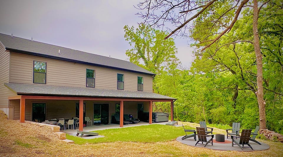 Backyard playground: hot tub, fire pit, bags set, grill, table & chairs for 8