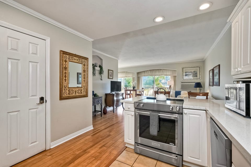 Open floor plan connects kitchen to living room