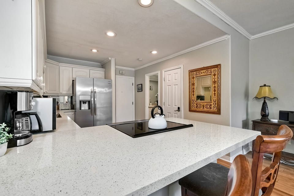 View from barstool into kitchen