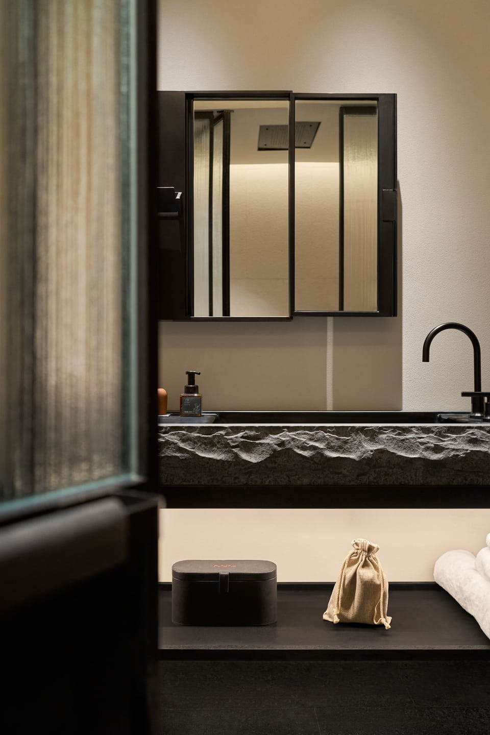 Hair dryer, slippers, towels, soap