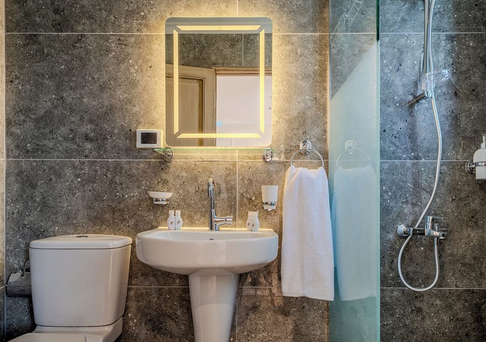Separate tub and shower, hair dryer, towels, soap