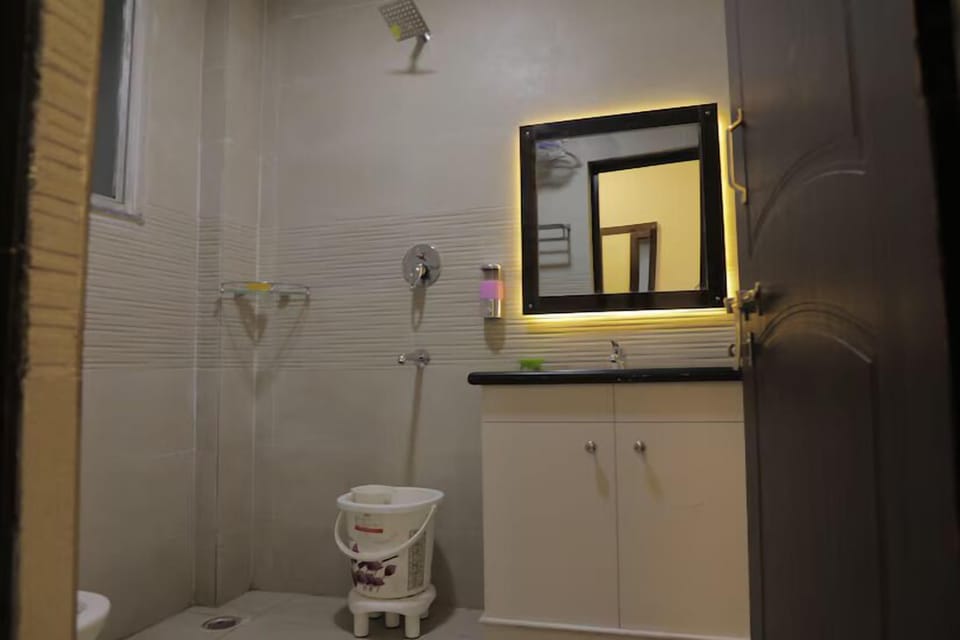 Shower, towels, soap, shampoo