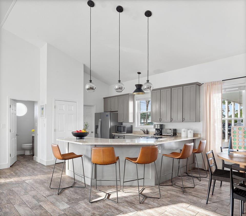 Furnished with stools for flexible seating.