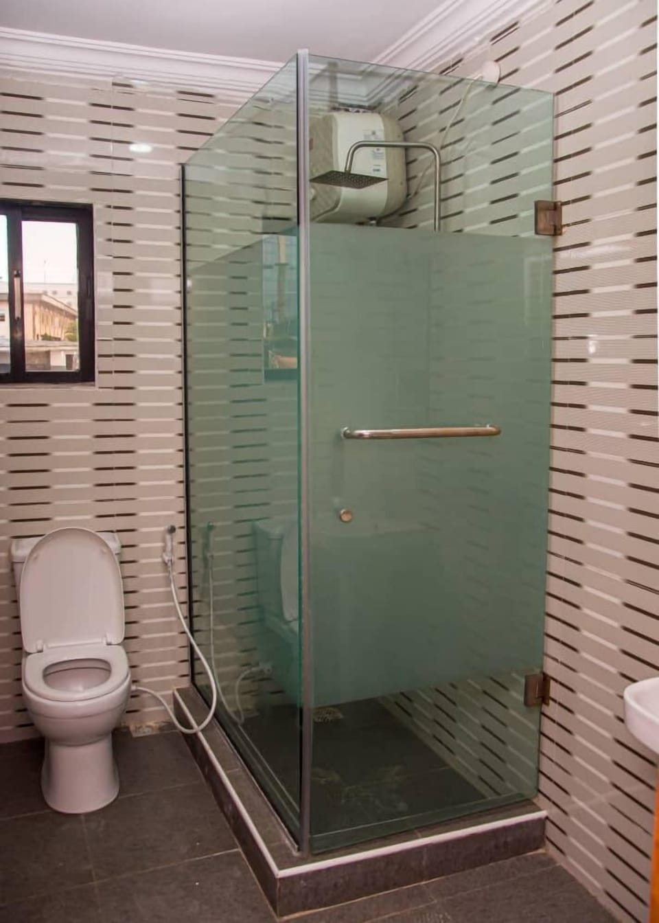 Shower, slippers, towels, soap