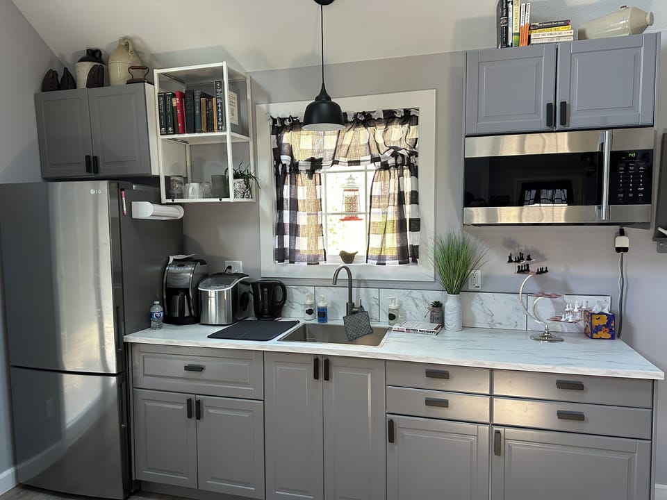 Ice maker, Coffee maker, hot water, microwave, sink, and full size fridge/freeze