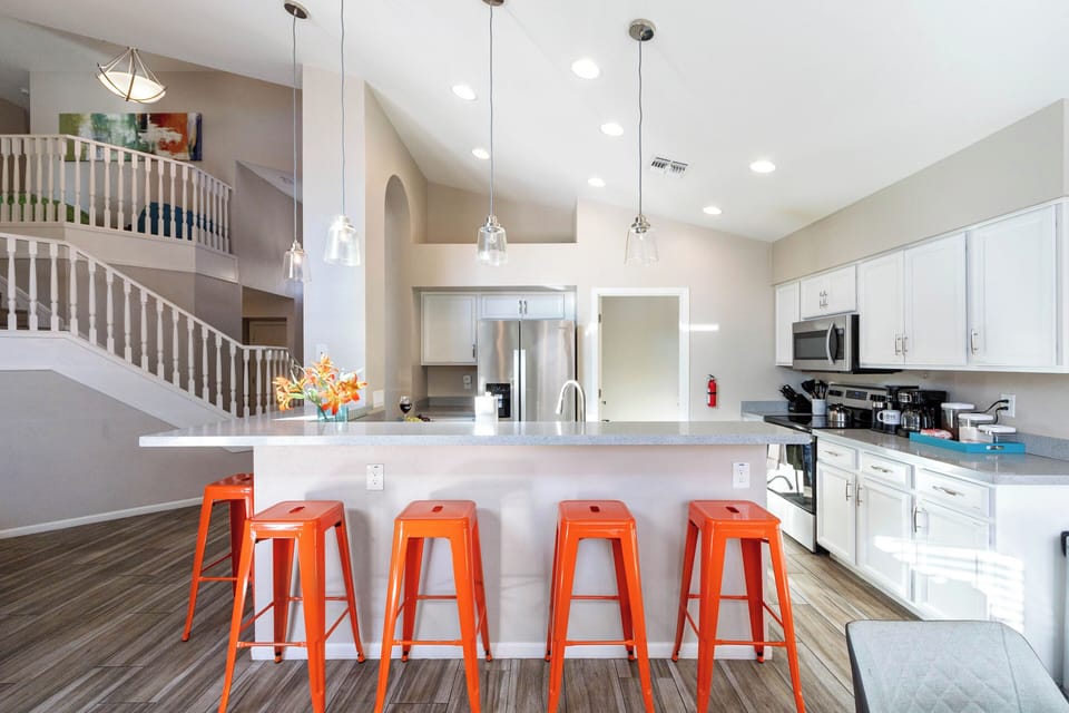 Around the corner you will find the kitchen!