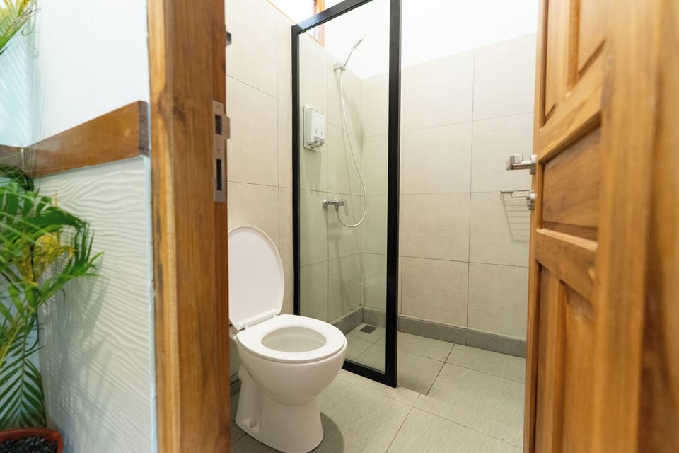 Shower, hydromassage showerhead, bidet, towels