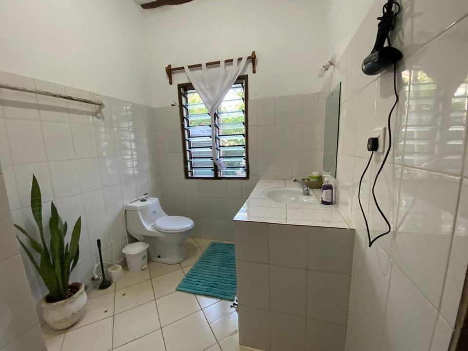 Shower, hair dryer, slippers, towels