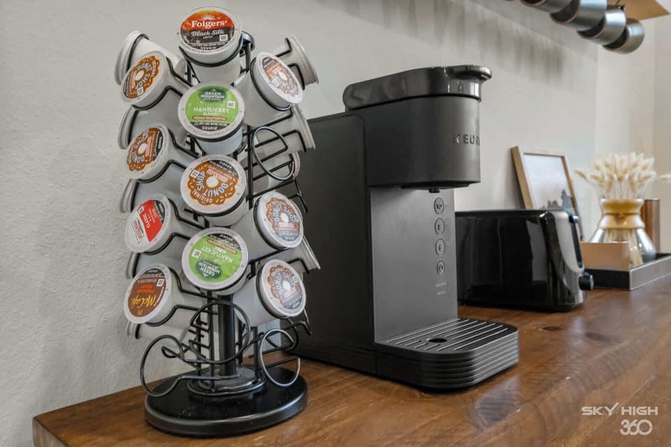 Stocked coffee bar to enjoy a beverage in the mornings.