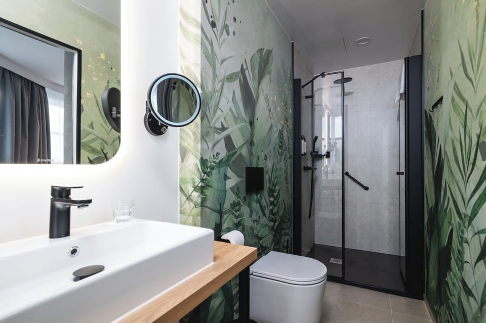 Shower, slippers, towels, soap