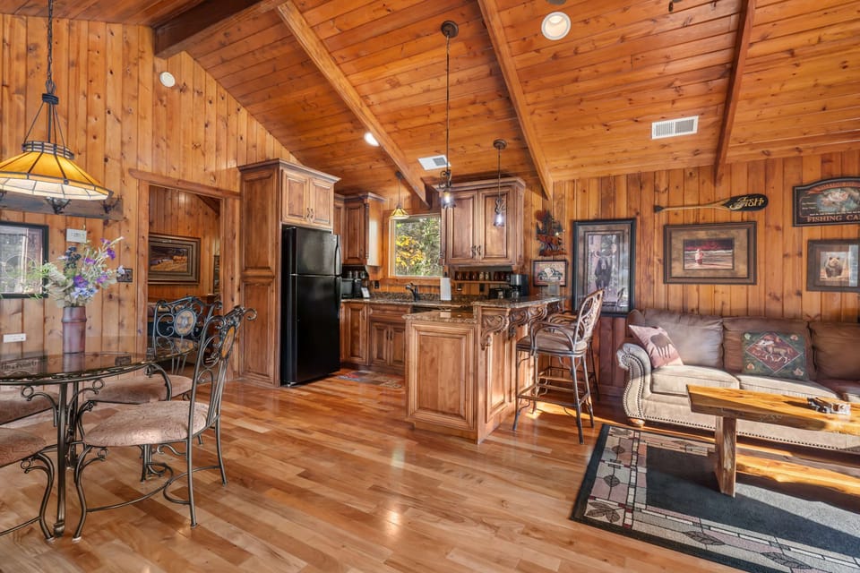 Cabin, 1 King Bed with Sofa bed, Patio, Garden View (Cabin at Rock Canyon) | Living area | 42-inch flat-screen TV with digital channels, fireplace