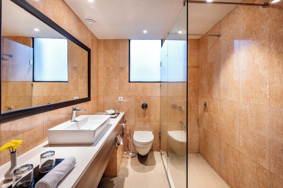 Shower, rainfall showerhead, hair dryer, slippers