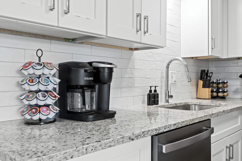 Start your day right with a fresh brew from the Keurig coffee station—K-cups included!