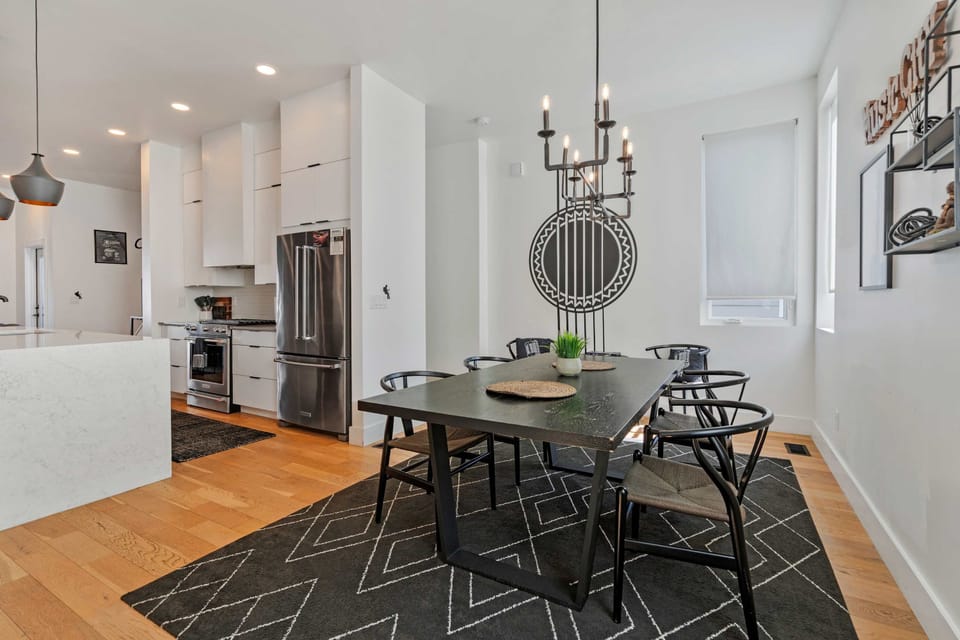 Music-themed dining table comfortably seats up to six.
