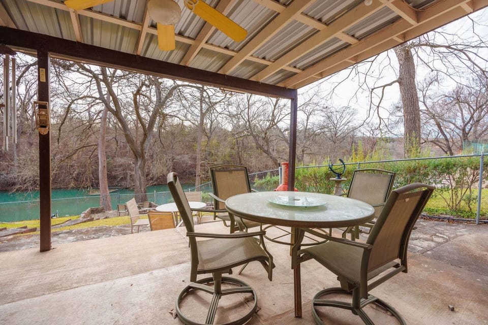 Covered patio + upper open patio + riverside patio seating available