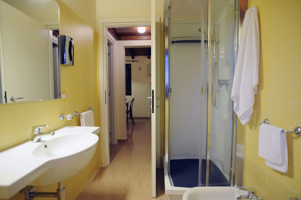 Shower, free toiletries, hair dryer, towels