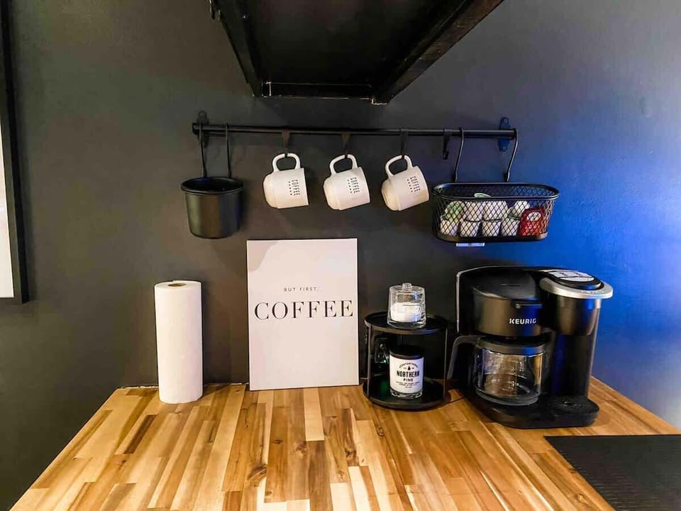 full size coffee pot & keurig available. Specialty coffee pods & filters available for guests. 