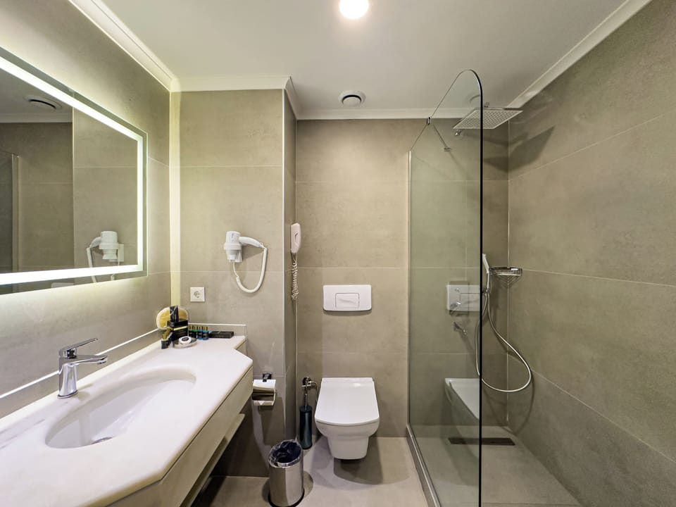 Standard Room (Sea or Mountain View) | Bathroom | Hair dryer, towels, soap, shampoo
