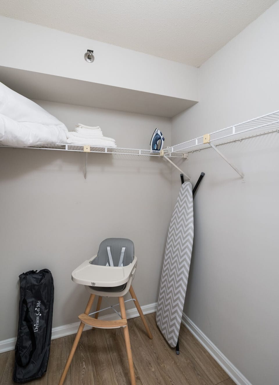 We carefully thought and provided all your possible needs and provided fold away crib, high chair, iron and ironing board.