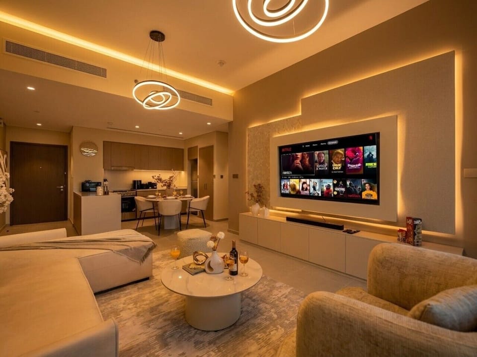 Living Room Netflix Smart TV Open Kitchen and Ambient Ceiling Lighting