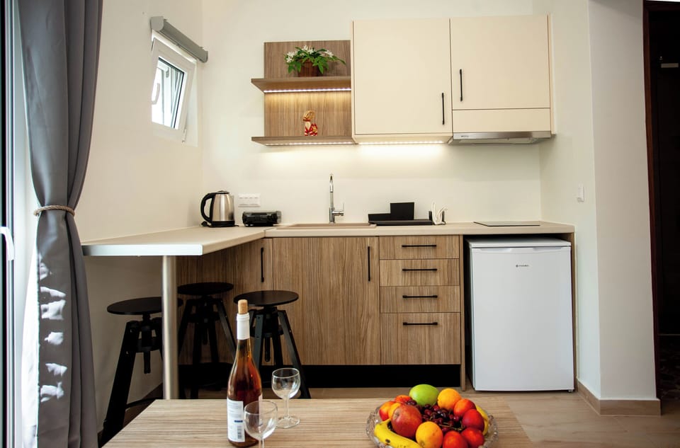 Deluxe Double Room | Private kitchen | Fridge, oven, highchair, cookware/dishes/utensils
