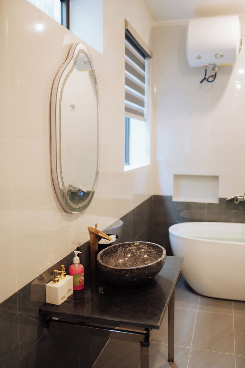 Separate tub and shower, slippers, bidet, soap
