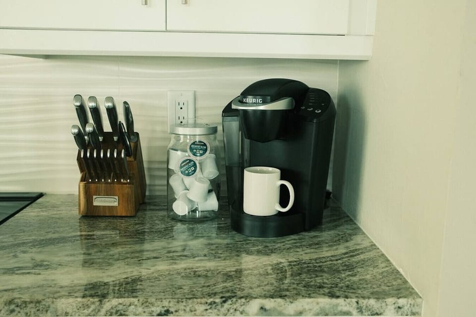 Keurig with starter pods and everything you need for that first cup of coffee by the sea.