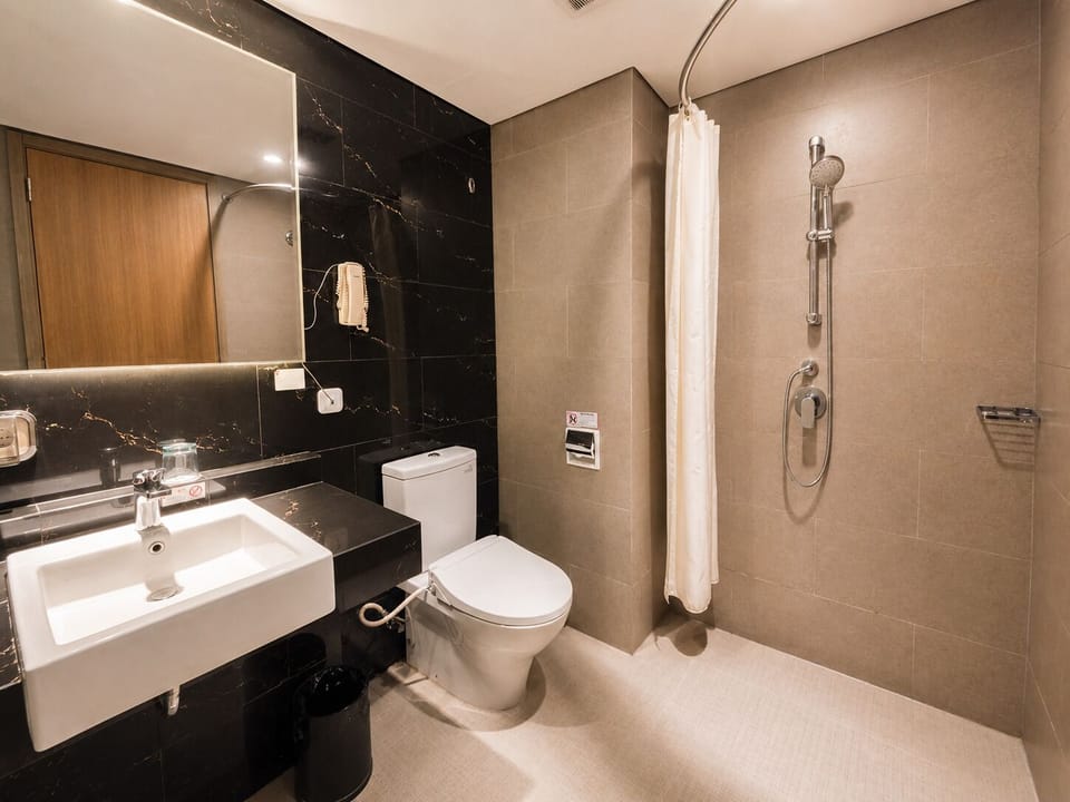 Hair dryer, slippers, towels