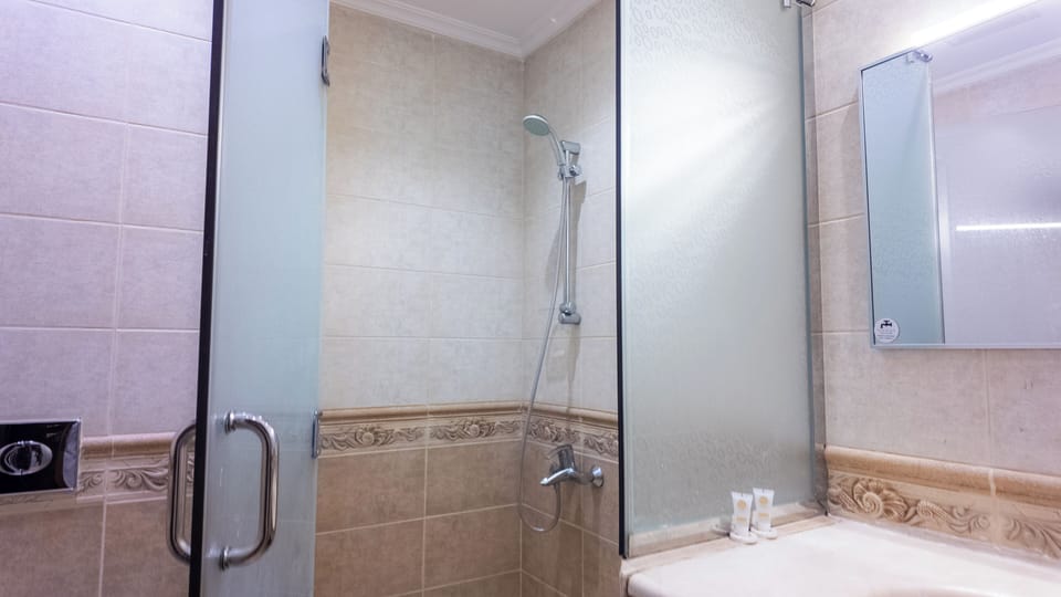 Shower, hair dryer, slippers, towels