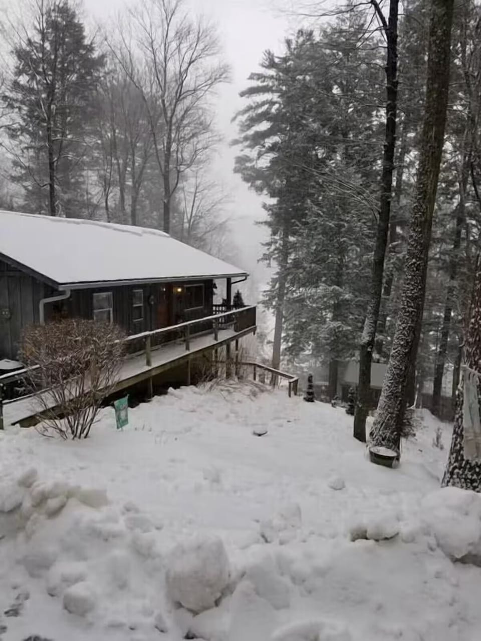 The cabin is cozy for a peaceful winter stay with winter activities all around.