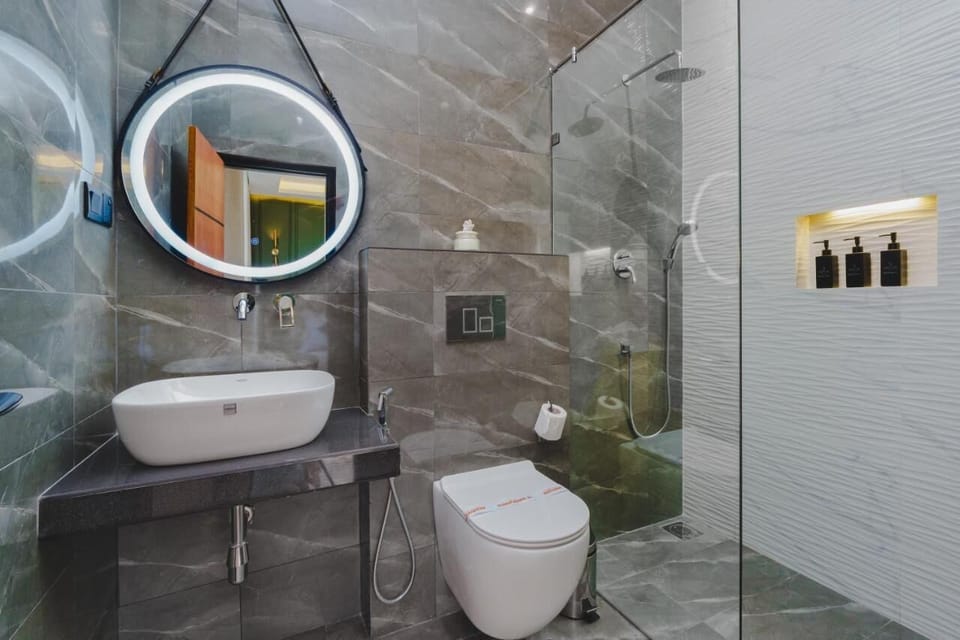 Shower, bidet, towels, soap