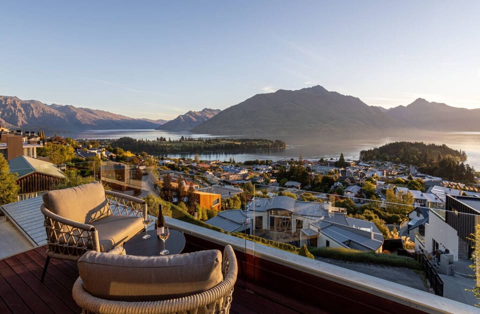 Panoramic dusk views including The Remarkables, Bayonet Peak, Cecil Peak and Walter Peak