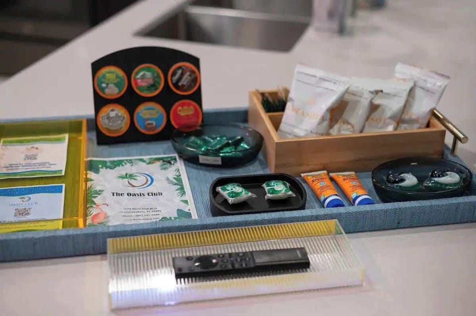 Welcome tray with Andes mints, coffee selection, laundry and dish pods and more!