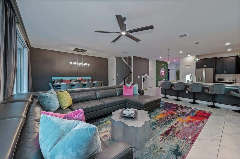 Open floor plan with large kitchen, living and dining room 