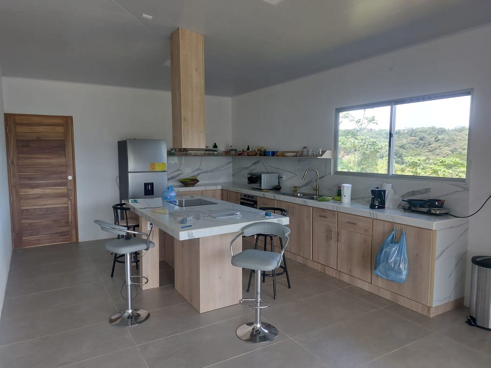 Open kitchen with large island for joint breakfast, with oven, microwave, etc.