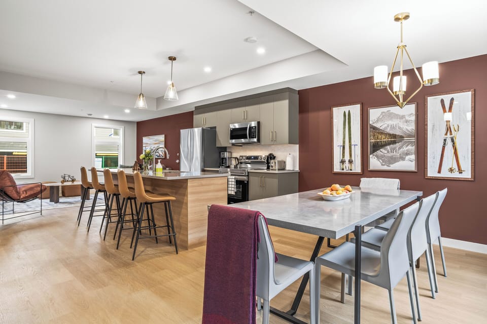 The first dining room features a table that comfortably seats 8 people, along with 5 bar stools at the kitchen counter—perfect for entertaining guests. We have a full kitchen with everything you will need for your stay.