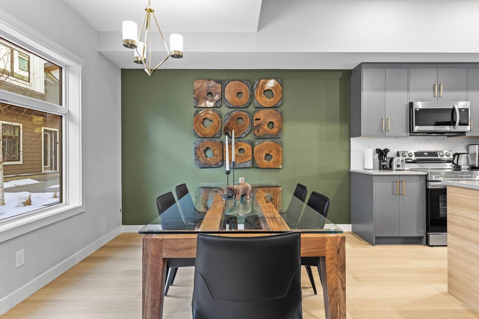 Large dining table that can seat upto 8 people.